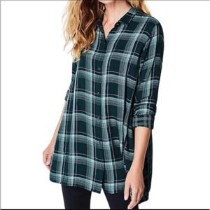 J Jill 100% Rayon Green Windowpane Plaid Longline Shirt - Size MP